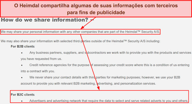 Captura de tela da política de privacidade da Heimdal mencionando que ela mantém alguns dados do usuário