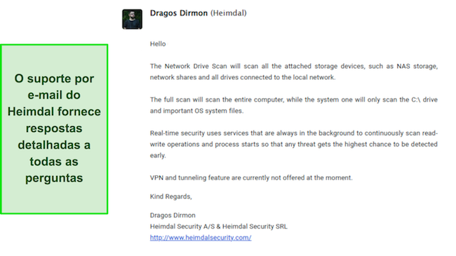 Captura de tela mostrando uma resposta do suporte ao cliente da Heimdal