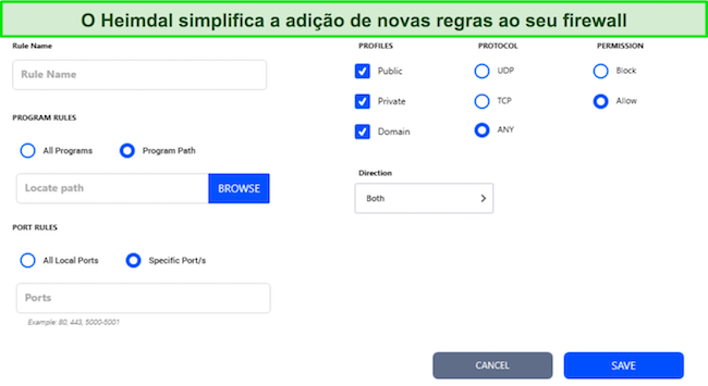 Captura de tela mostrando como adicionar novas regras ao firewall do Heimdal