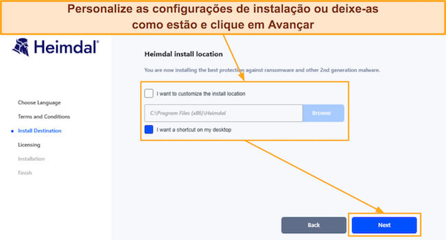 Captura de tela mostrando as configurações de instalação na configuração do Heimdal