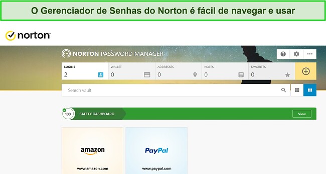 Captura de tela do recurso gerenciador de senhas do Norton.