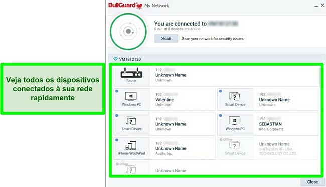 Captura de tela do scanner de rede do BullGuard e dispositivos ativamente conectados a uma rede.