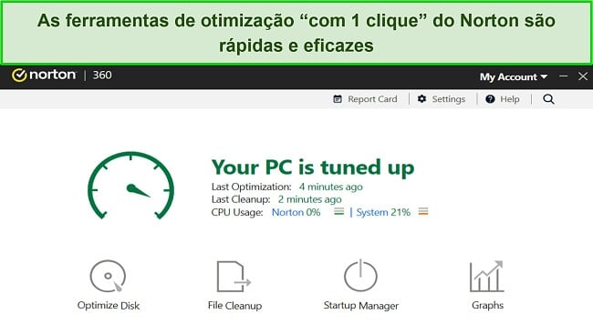 Captura de tela das ferramentas de otimização do Norton.
