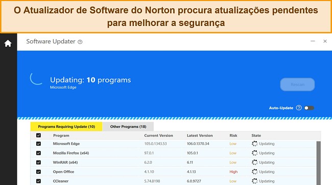 Captura de tela do Software Updater do Norton atualizando 10 programas para prote&ccedil;&atilde;o contra vulnerabilidades de aplicativos.