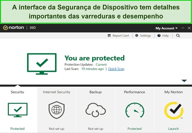 Captura de tela do painel de segurança de dispositivos do Norton para Windows.