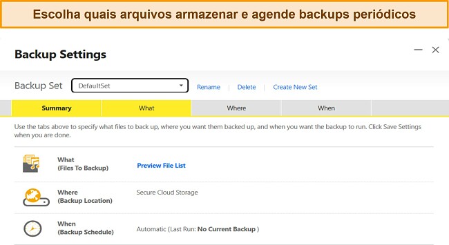 Captura de tela do recurso Configura&ccedil;&otilde;es de backup do Norton no Windows.