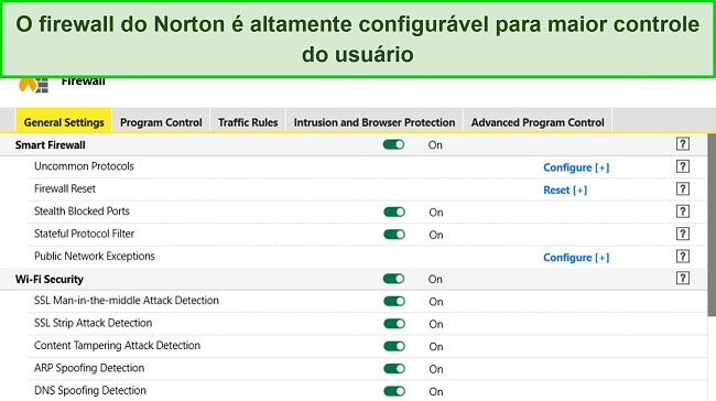 Captura de tela das configurações do firewall do Norton mostrando alto nível de personalização.