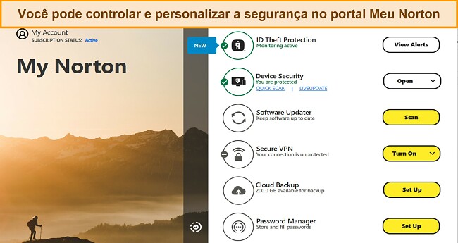 Captura de tela da interface do painel do My Norton no Windows.