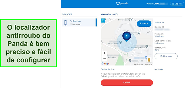 Captura de tela da ferramenta localizador Anti-Theft da Panda detectando a localização precisa de um dispositivo protegido