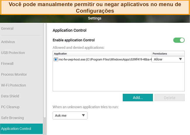 Captura de tela do menu de configuração do Controle de Aplicativos da Panda