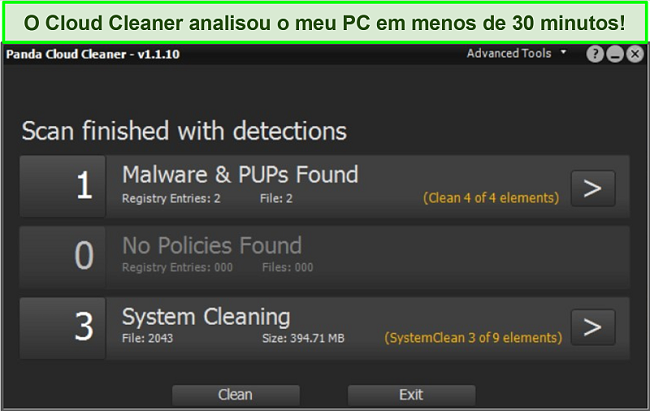 Captura de tela do recurso Cloud Cleaner da Panda com uma verificação concluída