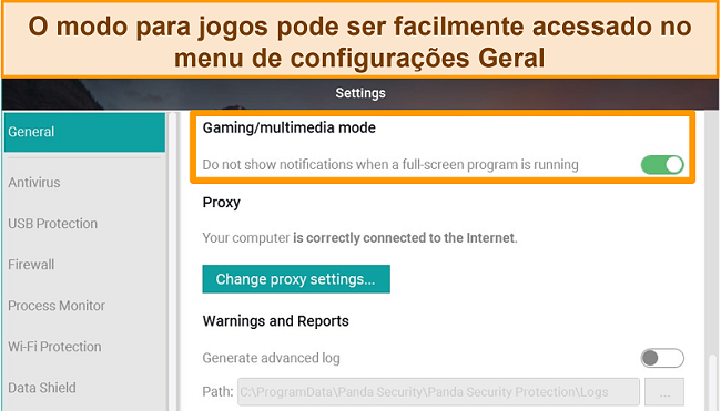 Captura de tela das configurações gerais do Panda mostrando o modo de jogo.