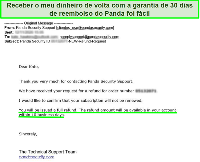 Email mostrando reembolso total aprovado pelo antivírus da Panda com a garantia de devolução do dinheiro de 30 dias
