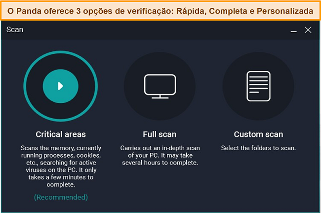 Captura de tela das 3 opções de verificação diferentes do Panda.