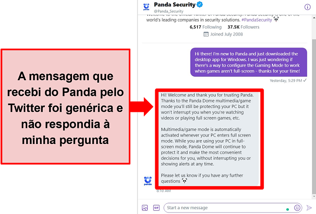 Captura de tela da resposta da Panda no Twitter a uma pergunta de configuração específica