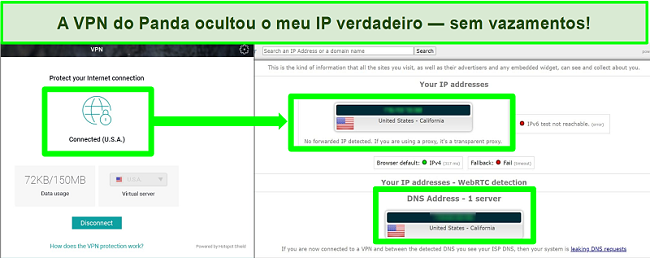 Captura de tela da VPN da Panda conectada a um servidor dos EUA e resultados do teste de vazamento IPLeak.net.