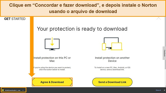 Captura de tela da p&aacute;gina Concordar e fazer download do Norton, destacando o arquivo de instala&ccedil;&atilde;o.