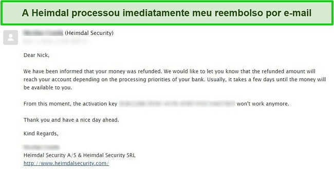 Captura de tela do e-mail de confirmação de reembolso da Heimdal Security