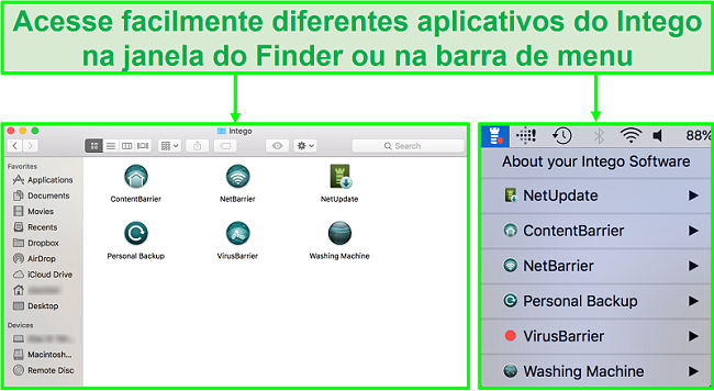 Captura de tela de como acessar diferentes aplicativos Intego na janela do Finder ou na barra de menu