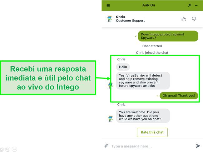 Captura de tela do chat ao vivo da Intego com suporte rápido e útil