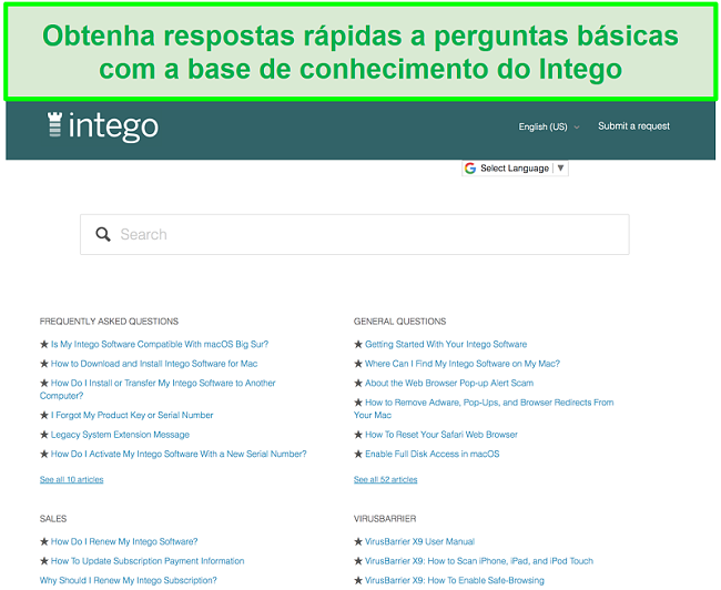 Captura de tela da base de conhecimento da Intego mostrando perguntas e respostas comuns