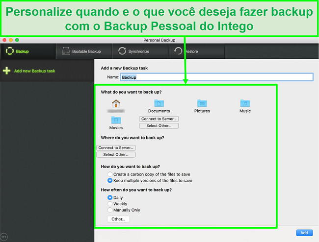 Captura de tela da interface de backup pessoal Intego com opções de backup de dados personalizáveis