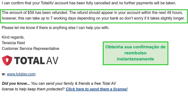 Captura de tela do e-mail de confirmação de reembolso da TotalAV