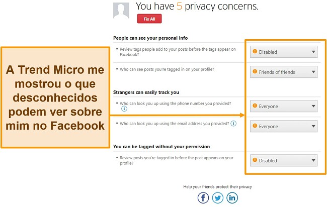 Captura de tela do recurso de privacidade de mídia social da Trend Micro