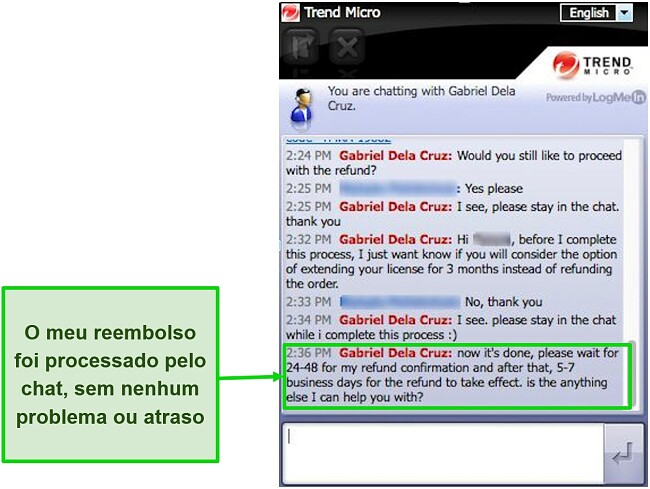 Captura de tela da solicitação de reembolso no chat ao vivo da Trend Micro