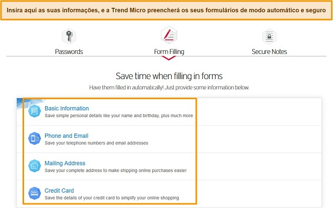 Captura de tela das opções de preenchimento automático do Trend Micro Password Manager