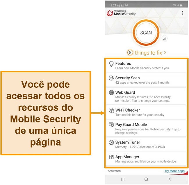 Captura de tela da interface de segurança móvel da Trend Micro