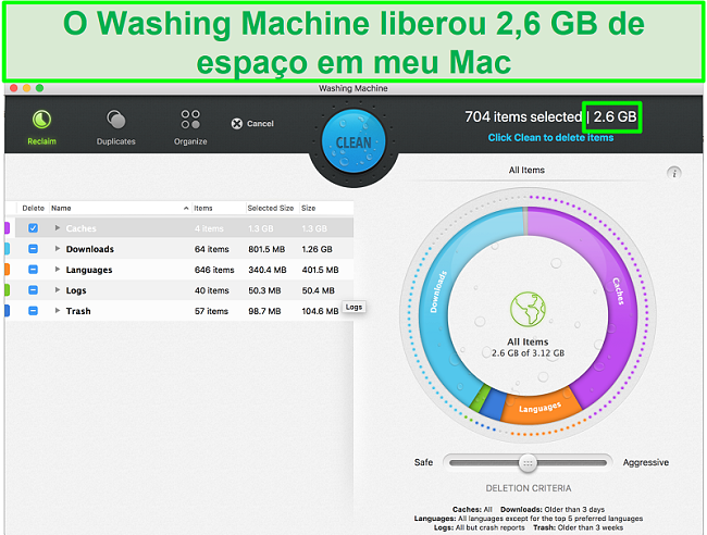 Captura de tela do recurso Máquina de lavar roupa no Intego identificando arquivos inúteis para excluir