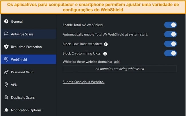 Captura de tela das configurações do WebShield no aplicativo de desktop do TotalAV