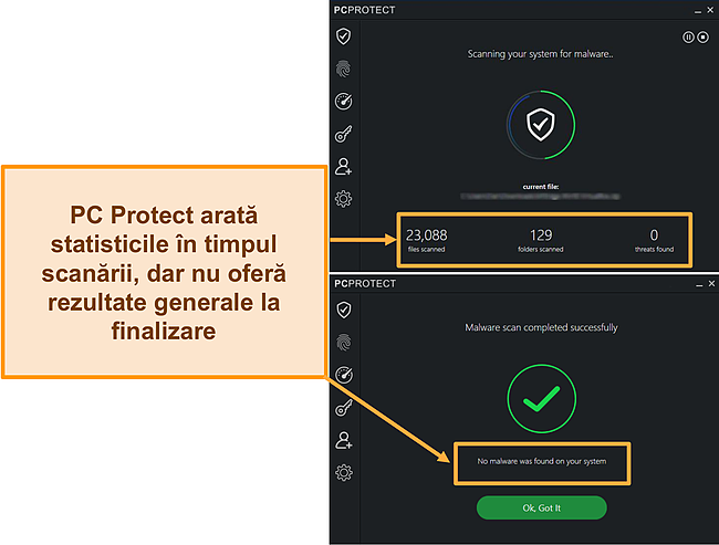 Captură de ecran a PC Protect care efectuează o scanare malware care afișează statisticile numai la scanare. Odată finalizate, rezultatele dispar.