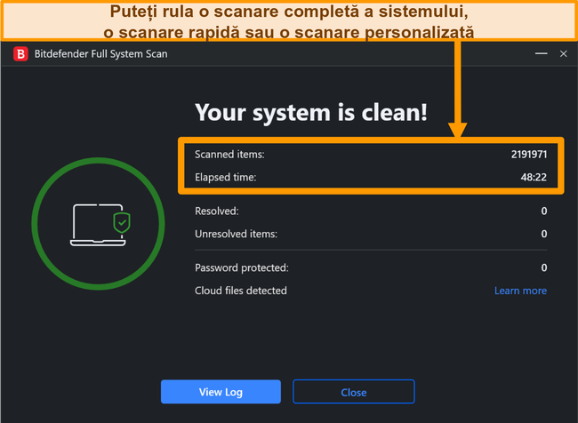 Captură de ecran a unei scanări de sistem Bitdefender finalizate.