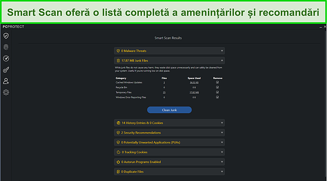 Captură de ecran a PC Protect după ce ați rulat Smart Scan, care vă oferă o listă cu orice amenințări sau recomandări găsite.