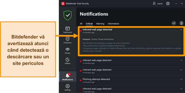 Notificări de amenințări desktop Bitdefender.