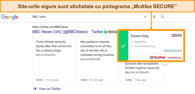 Captura de ecran a căutării web Google cu McAfee WebAdvisor care arată un site este autentică și sigură