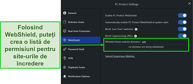 Captură de ecran a setărilor WebShield ale PC Protect pentru a vă proteja online.