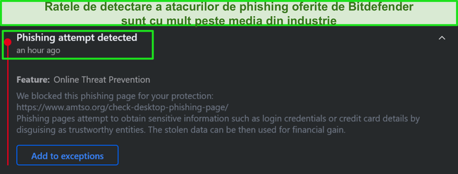 Avertisment Bitdefender pentru phishing pe desktop.