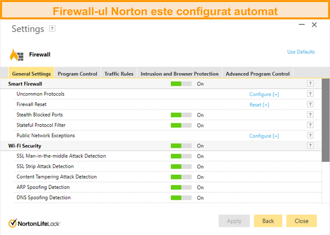 Captură de ecran a setărilor firewall-ului Norton 360 pe Windows.