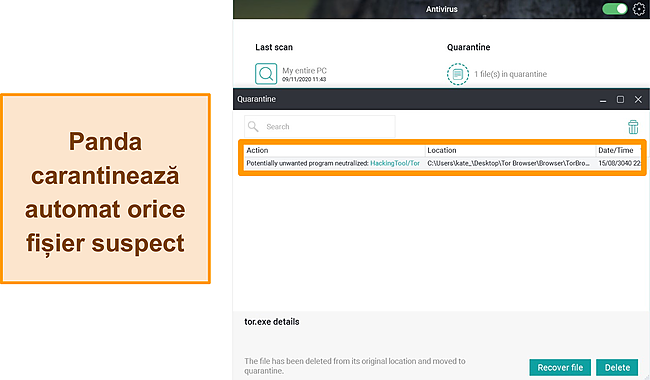 Captură de ecran a funcției Carantină Panda cu un fișier în carantină evidențiat.
