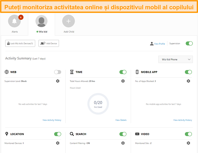 Captură de ecran a setărilor de control parental ale Norton 360.