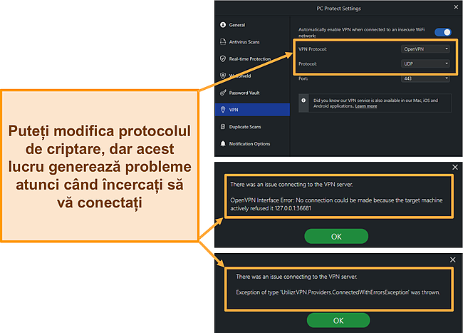 Captură de ecran a erorilor VPN și a protocoalelor de criptare de navigare sigură a PC Protect.