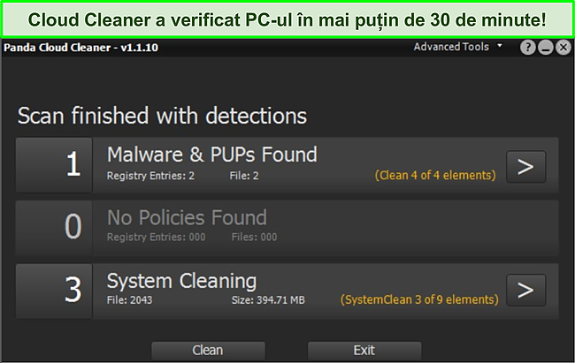 Captură de ecran a funcției Panda Cloud Cleaner cu o scanare finalizată.