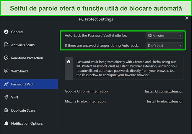 Captură de ecran a setărilor Vault Password Password PC cu funcția sa de blocare automată.