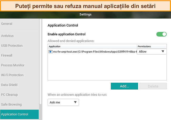 Captură de ecran a meniului de configurare Panda's Application Control.