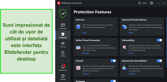 Interfața desktop a Bitdefender