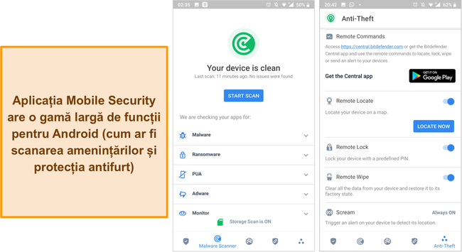 Captură de ecran a aplicației de securitate mobilă Bitdefender.