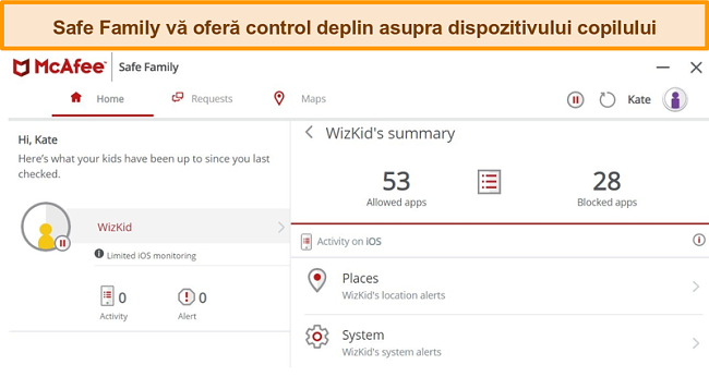 Captură de ecran a funcției de control parental McAfee Safe Family legată de un iPhone